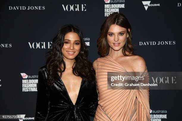 Jessica Gomes and Montana Cox pose during the VAMFF Runway Gala Presented by David Jones on March 5, 2018 in Melbourne, Australia.