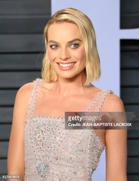 Margot Robbie attends the 2018 Vanity Fair Oscar Party following the 90th Academy Awards at The Wallis Annenberg Center for the Performing Arts in...