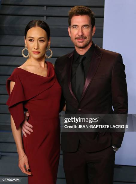 Maggie Q and Dylan McDermott attend the 2018 Vanity Fair Oscar Party following the 90th Academy Awards at The Wallis Annenberg Center for the...