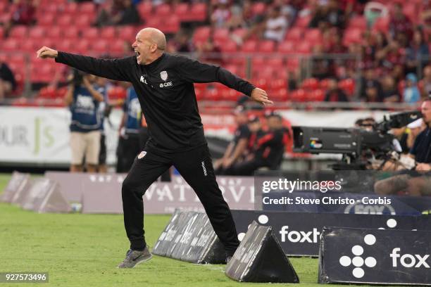 Kenneth Lowe coach of Perth Glory shouts instructions to his team during the round 23 A-League match between the Western Sydney Wanderers and Perth...
