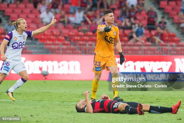 Glory's Liam Reddy shows emotion after his tackle on Jaushua Sotirio of the Wanderers during the round 23 A-League match between the Western Sydney...