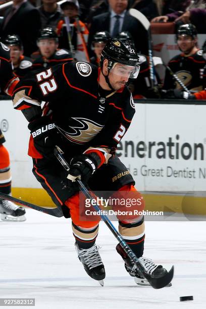 Chris Kelly of the Anaheim Ducks skates with the puck during the game against the Columbus Blue Jackets on March 2, 2018 at Honda Center in Anaheim,...