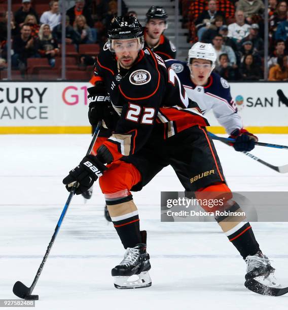 Chris Kelly of the Anaheim Ducks skates with the puck during the game against the Columbus Blue Jackets on March 2, 2018 at Honda Center in Anaheim,...