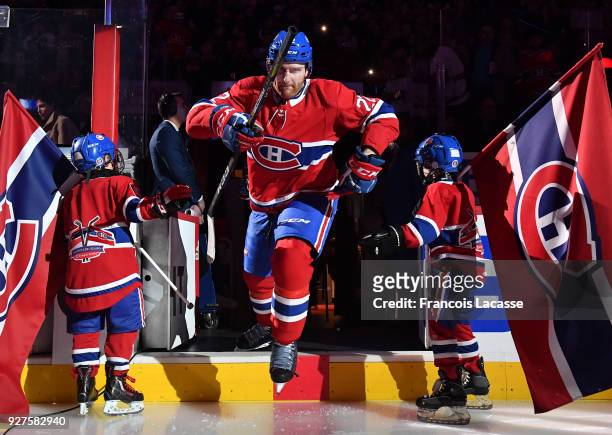 Karl Alzner of the Montreal Canadiens takes to the ice prior the NHL against the Philadelphia Flyers at the Bell Centre on February 26, 2018 in...
