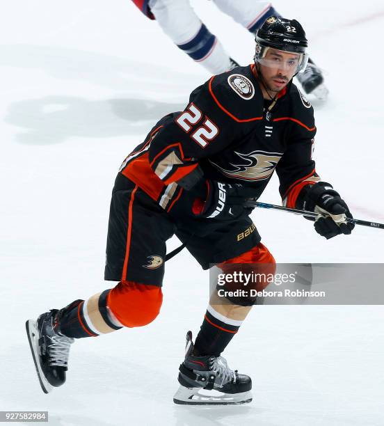 Chris Kelly of the Anaheim Ducks skates during the game against the Columbus Blue Jackets on March 2, 2018 at Honda Center in Anaheim, California.