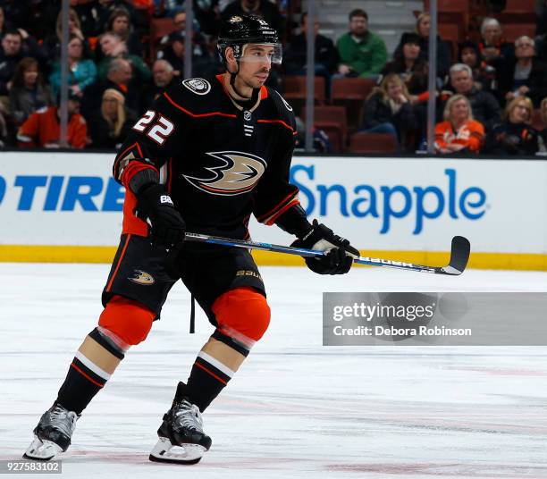 Chris Kelly of the Anaheim Ducks skates during the game against the Columbus Blue Jackets on March 2, 2018 at Honda Center in Anaheim, California.