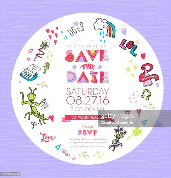 save the date celebration invitation design template with happy things. - drawings of unicorns stock illustrations