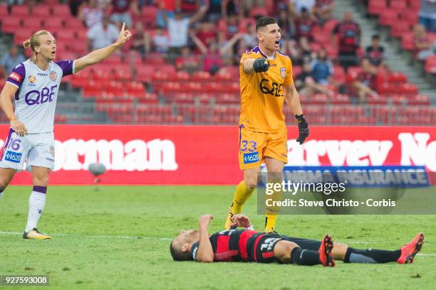 Glory's Liam Reddy shows emotion after his tackle on Jaushua Sotirio of the Wanderers during the round 23 A-League match between the Western Sydney...