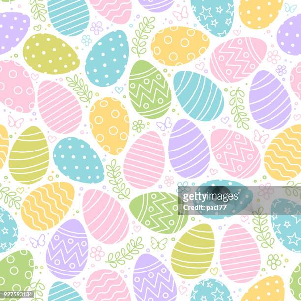 seamless pattern of easter eggs, flowers and butterfly on white background - easter background stock illustrations