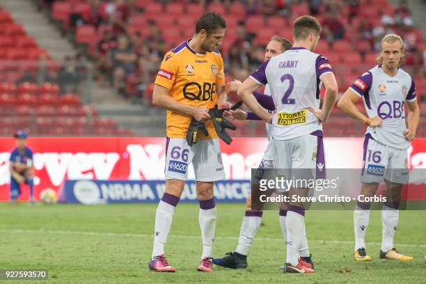 Dino Djulbic of Perth Glory takes over as goalkeeper after teammate Liam Reddy was sent off during the round 23 A-League match between the Western...