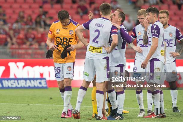 Dino Djulbic of Perth Glory takes over as goalkeeper after teammate Liam Reddy was sent off during the round 23 A-League match between the Western...
