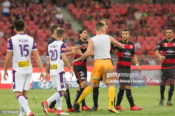 Liam Reddy of Perth Glory shows emotion towards Wanderers players after he received a red card during the round 23 A-League match between the Western...