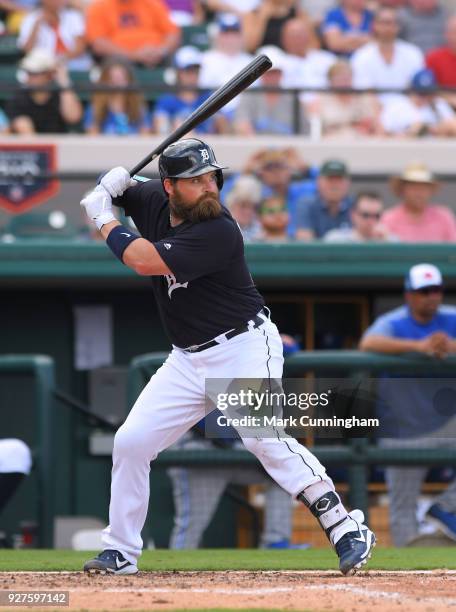 Derek Norris of the Detroit Tigers bats during the Spring Training game against the Toronto Blue Jays at Publix Field at Joker Marchant Stadium on...