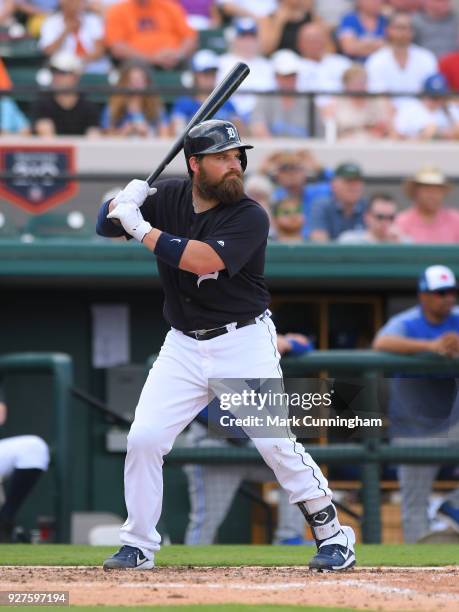 Derek Norris of the Detroit Tigers bats during the Spring Training game against the Toronto Blue Jays at Publix Field at Joker Marchant Stadium on...