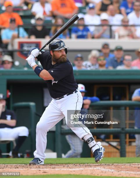 Derek Norris of the Detroit Tigers bats during the Spring Training game against the Toronto Blue Jays at Publix Field at Joker Marchant Stadium on...