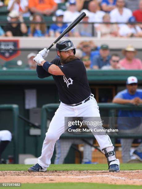 Derek Norris of the Detroit Tigers bats during the Spring Training game against the Toronto Blue Jays at Publix Field at Joker Marchant Stadium on...