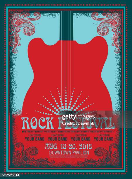 illustrazioni stock, clip art, cartoni animati e icone di tendenza di modello di design poster rock festival con chitarra elettrica - musica rock