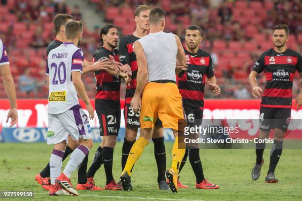 Liam Reddy of Perth Glory shows emotion towards Wanderers players after he received a red card during the round 23 A-League match between the Western...