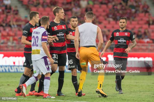 Liam Reddy of Perth Glory shows emotion towards Wanderers players after he received a red card during the round 23 A-League match between the Western...