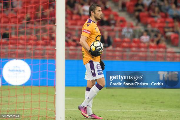 Dino Djulbic of Perth Glory takes over as replacement goalkeeper after teammate Liam Reddy was sent off during the round 23 A-League match between...