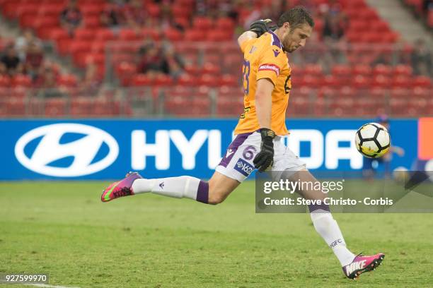 Dino Djulbic of Perth Glory takes over as replacement goalkeeper after teammate Liam Reddy was sent off during the round 23 A-League match between...