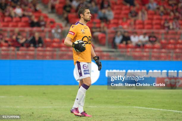 Dino Djulbic of Perth Glory takes over as replacement goalkeeper after teammate Liam Reddy was sent off during the round 23 A-League match between...