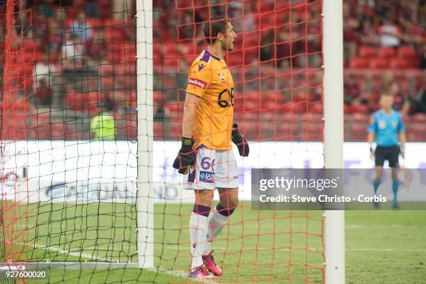 Dino Djulbic of Perth Glory takes over as replacement goalkeeper after teammate Liam Reddy was sent off during the round 23 A-League match between...