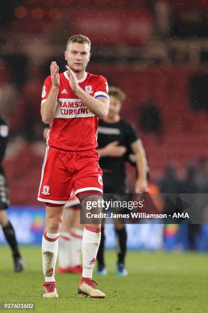 Ben Gibson of Middlesbrough during the Sky Bet Championship match between Middlesbrough and Leeds United at Riverside Stadium on March 2, 2018 in...