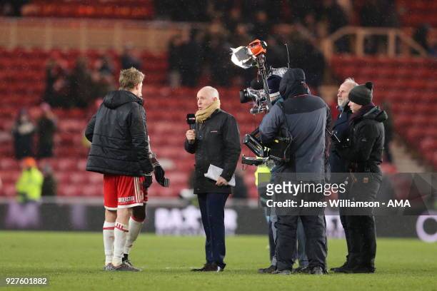 Patrick Bamford of Middlesbrough being interviewed by Sky Sports television during the Sky Bet Championship match between Middlesbrough and Leeds...