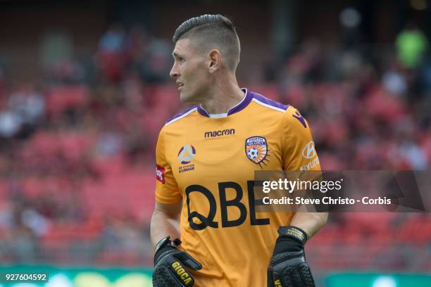 Liam Reddy of Glory walks to field the ball during the round 23 A-League match between the Western Sydney Wanderers and Perth Glory at Spotless...