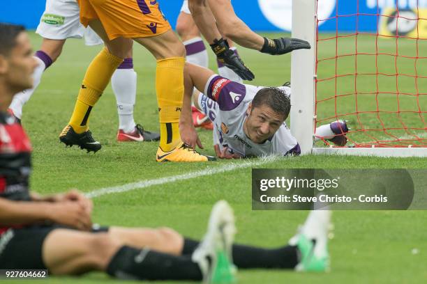 Dino Djulbic of Glory hits the post after stopping a shot at goal by Marcelo Carrusca of the Wanderers during the round 23 A-League match between the...