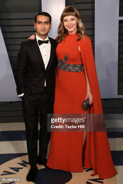 Kumail Nanjiani and Emily V. Gordon attend the 2018 Vanity Fair Oscar Party hosted by Radhika Jones at the Wallis Annenberg Center for the Performing...