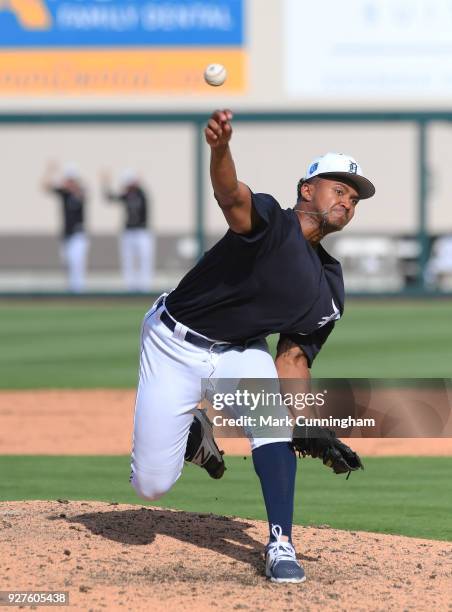 Dane Myers of the Detroit Tigers pitches during the Spring Training game against the Toronto Blue Jays at Publix Field at Joker Marchant Stadium on...