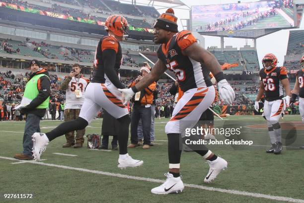 Vontaze Burfict of the Cincinnati Bengals greets his teammates before the game against the Detroit Lions at Paul Brown Stadium on December 24, 2017...