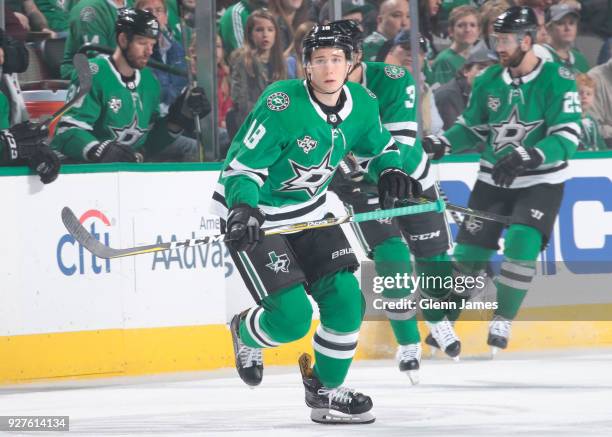 Tyler Pitlick of the Dallas Stars skates against the St. Louis Blues at the American Airlines Center on March 3, 2018 in Dallas, Texas.