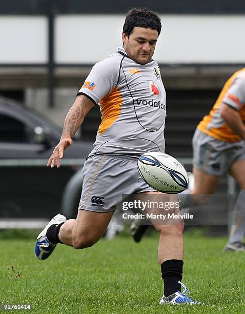 Piri Weepu of the Lions kicks the ball during a Wellington Air New Zealand Cup training session at Newton Park on November 5, 2009 in Wellington, New...