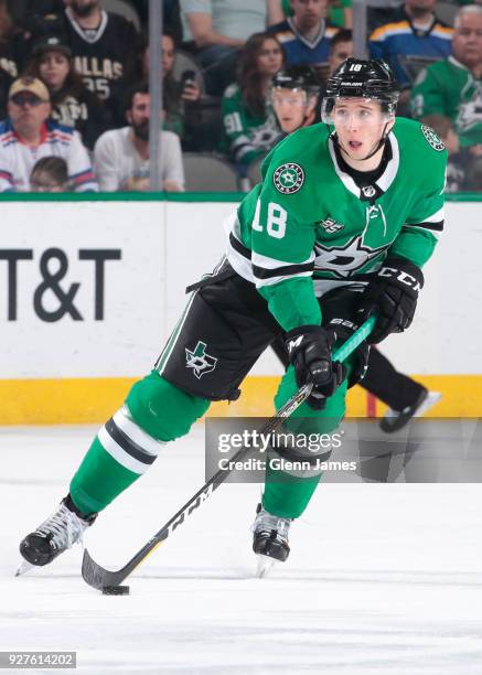 Tyler Pitlick of the Dallas Stars handles the puck against the St. Louis Blues at the American Airlines Center on March 3, 2018 in Dallas, Texas.