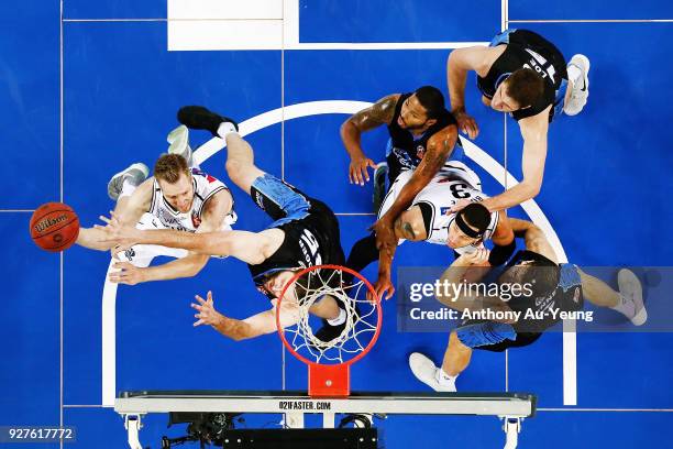 David Barlow of United goes up against Alex Pledger of the Breakers during game two of the NBL semi final series between Melbourne United and the New...