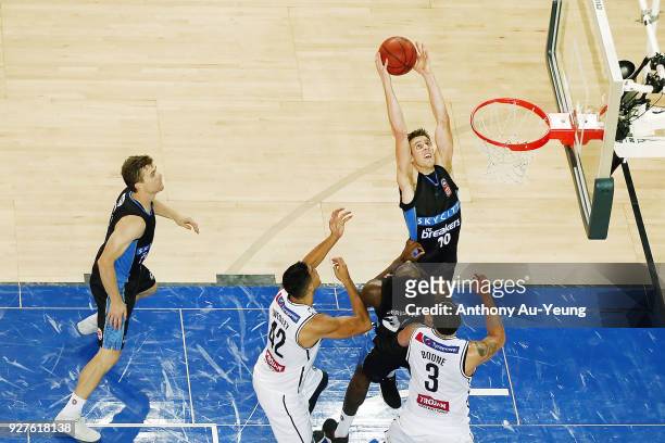 Tom Abercrombie of the Breakers grabs a rebound during game two of the NBL semi final series between Melbourne United and the New Zealand Breakers at...
