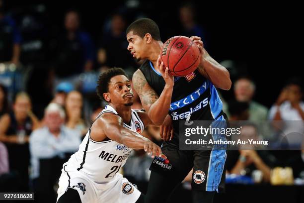 Edgar Sosa of the Breakers competes against Casper Ware of United during game two of the NBL semi final series between Melbourne United and the New...