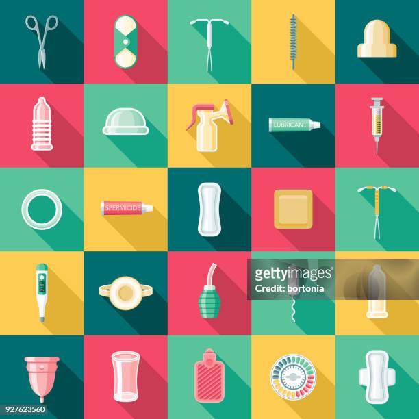 female reproduction flat design icon set with side shadow - tampon stock illustrations
