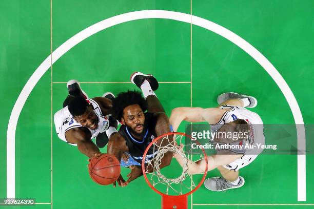Rakeem Christmas of the Breakers puts up a shot under preesure during game two of the NBL semi final series between Melbourne United and the New...