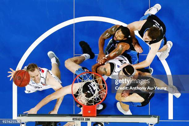 David Barlow of United goes up against Alex Pledger of the Breakers during game two of the NBL semi final series between Melbourne United and the New...