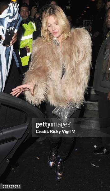Kate Moss departs Ronnie Scott's Jazz Club after attending a performance by Prince on February 18, 2014 in London, England.