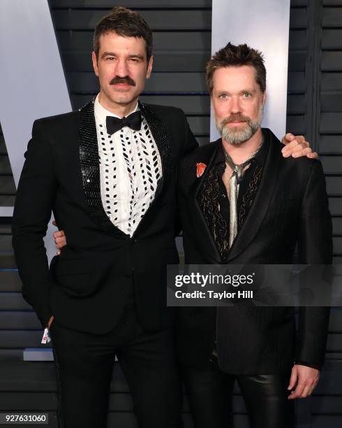 Jorn Weisbrodt and Rufus Wainwright attend the 2018 Vanity Fair Oscar Party hosted by Radhika Jones at Wallis Annenberg Center for the Performing...