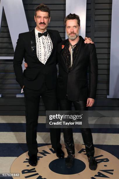 Jorn Weisbrodt and Rufus Wainwright attend the 2018 Vanity Fair Oscar Party hosted by Radhika Jones at Wallis Annenberg Center for the Performing...