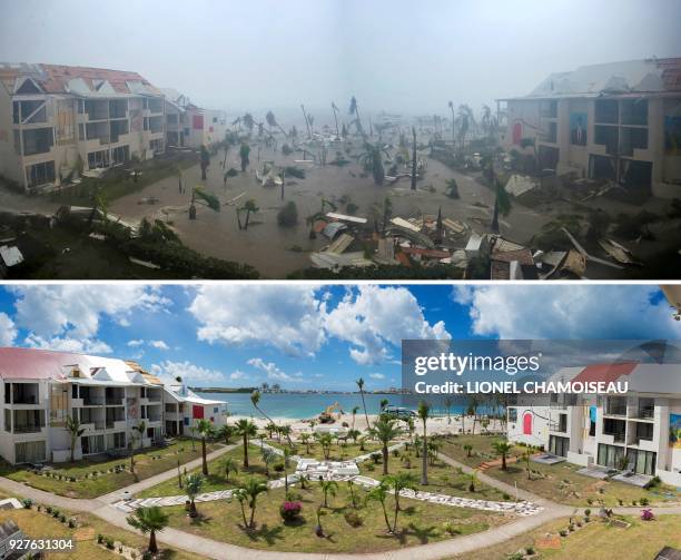 Combination of pictures created on March 2, 2018 shows the Mercure hotel in Marigot on the Bay of Nettle on the French Carribean island of...