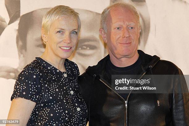 Musician Annie Lennox and philanthropist and photographer Bobby Sager arrives for the 'Power Of The Invisible Sun' photocall at the Saatchi Gallery...