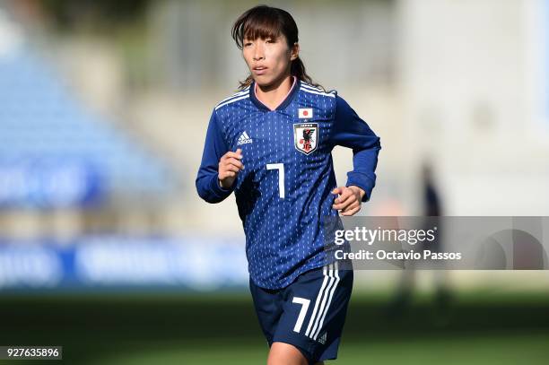 Emi Nakajima of Japan in action during the Women's Algarve Cup Tournament match between Denmark and Japan at Algarve stadium on March 5, 2018 in...