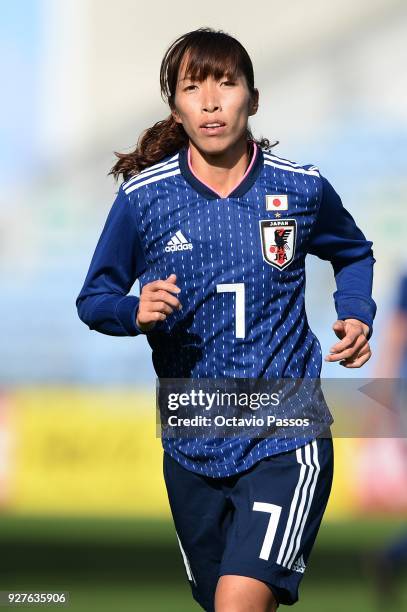 Emi Nakajima of Japan in action during the Women's Algarve Cup Tournament match between Denmark and Japan at Algarve stadium on March 5, 2018 in...